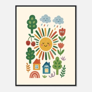 Sole sorridente e amici del giardino – Poster con cornice in legno su carta opaca di alta qualità