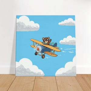Cute Teddy Bear Pilot Canvas Art - Toy Biplane Print, Kids Room Decor, Whimsical Flying Adventure
