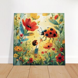 Pequeño jardinero conoce a un bicho gigante: lienzo con una dulce ilustración infantil, arte infantil, decoración infantil divertida, inspiración natural.