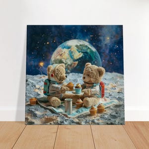 Lienzo de picnic con osos de peluche y luna: decoración infantil espacial, impresión de osos astronautas, arte de pared para habitación infantil, Tierra y estrellas