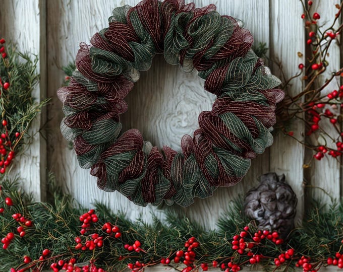 Red & Green Deco Mesh Wreath | Large Christmas Front Door Decor ...