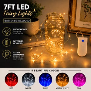 May include: 7ft LED fairy lights with a white battery pack and a blue button. The lights are flexible and shapeable, featuring three light modes: steady on, flash, and fade. Batteries are included. Available in red, white, blue, warm white, and pink.