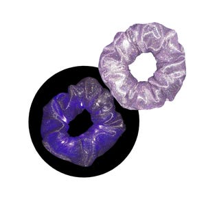 May include: Two sparkly hair scrunchies, one purple and one light purple.