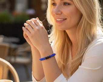 Blue Bead Bracelet with Black Center: Handmade Stretch Jewelry