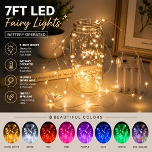 May include: 7FT LED fairy lights, battery operated, with 3 light modes. The image shows a glass jar filled with warm white lights, and a battery pack. The lights have a flexible silver wire and come in 8 beautiful colors.