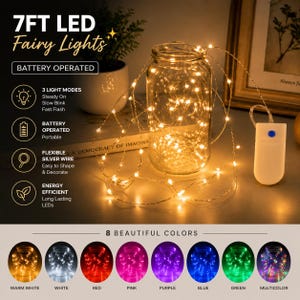 May include: 7FT LED fairy lights in a glass jar. The battery-operated lights have a flexible silver wire and come in 8 colors. The lights have 3 modes: steady on, slow blink, and fast flash. The lights are energy efficient.