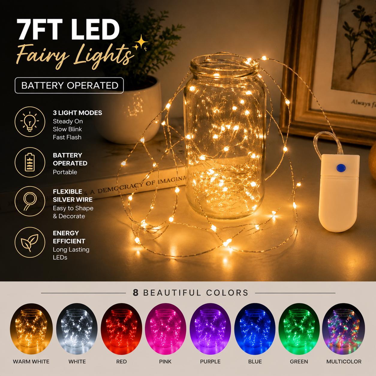 16-Pack Battery-Powered Fairy Lights – 7FT 20LED Silver Wire, Warm White, Waterproof, With 32 CR2032 Batteries Included