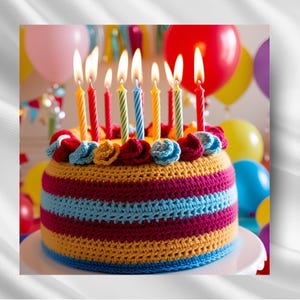 Carte de gâteau d'anniversaire au crochet PNG | Jolie carte de voeux sur le thème du fil et du crochet | Téléchargement numérique imprimable pour les artisans