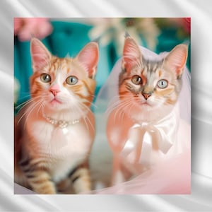 Cartão de casamento estilo Kitsch Cats PNG – Ilustração de casamento de boneca retrô – Kitsch, extravagante, engraçado para impressão – Download digital