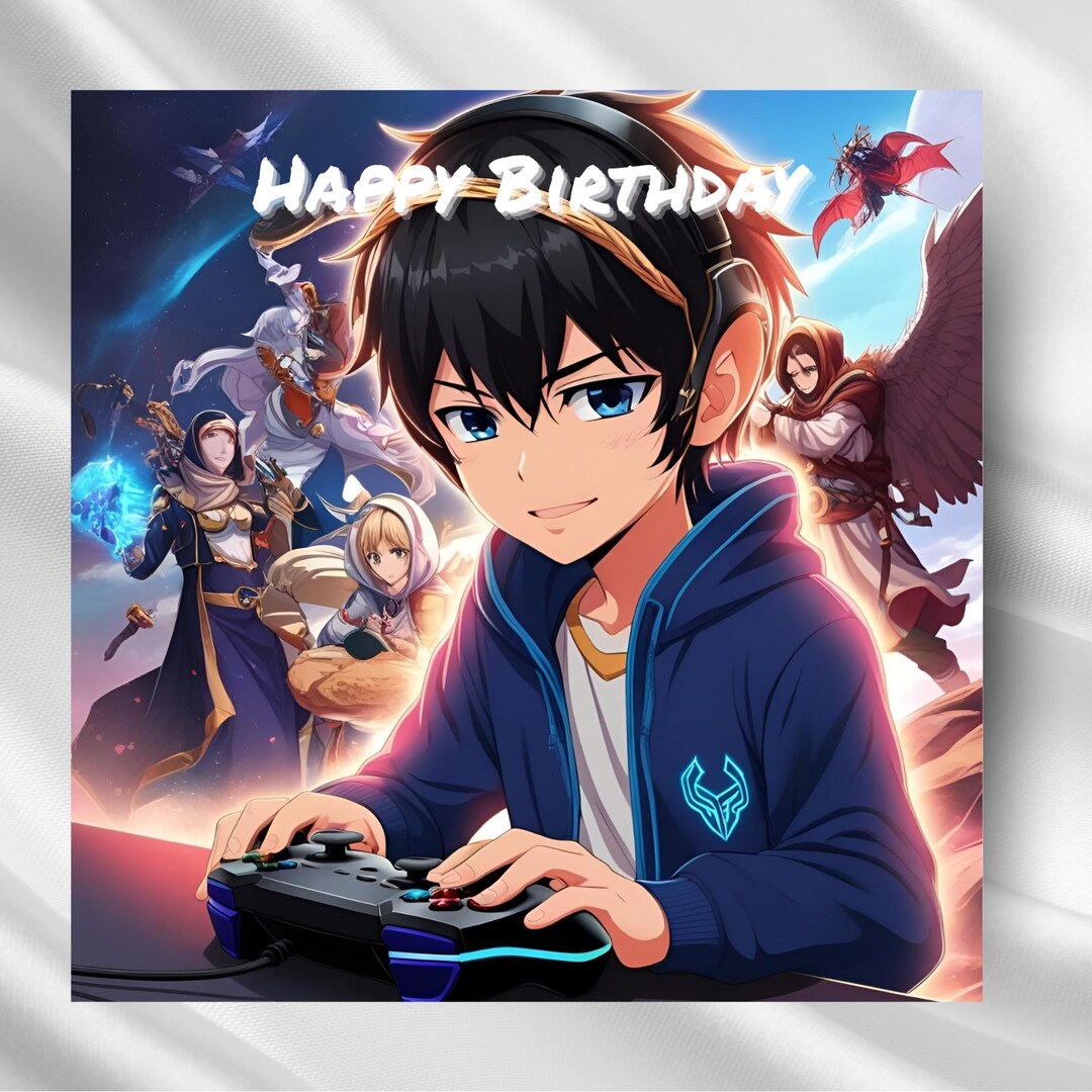 Anime Gamer Birthday Card PNG | Digital Download | Kawaii Anime-style ...