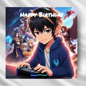 Carte d'anniversaire de joueur d'anime PNG | Téléchargement numérique | Carte de style anime kawaii | Carte d'anniversaire imprimable pour les amateurs de dessins animés | Téléchargement instantané