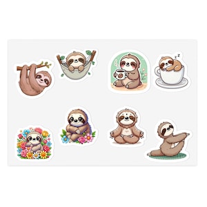 Sloth Sticker Set - 5pcs -Cute Die Cut Stickers, Yoga, Coffee, Flowers, Hanging Sloth, 6&quot; x 4&quot; in Holographic, Transparent and White