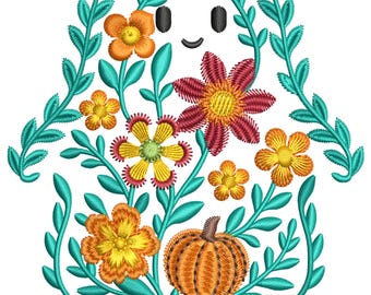 Cute Fall Ghost Embroidery Design, Fall Halloween Machine Embroidery File, Autumn Flower Embroidery Pattern, Instant Download