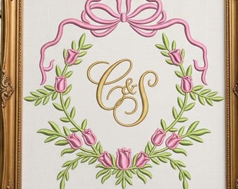 Floral Bow Frame Embroidery Design, Monogram Wreath Machine Embroidery File, Wedding Crest Baby Door Hanger, Instant Download, 6 sizes