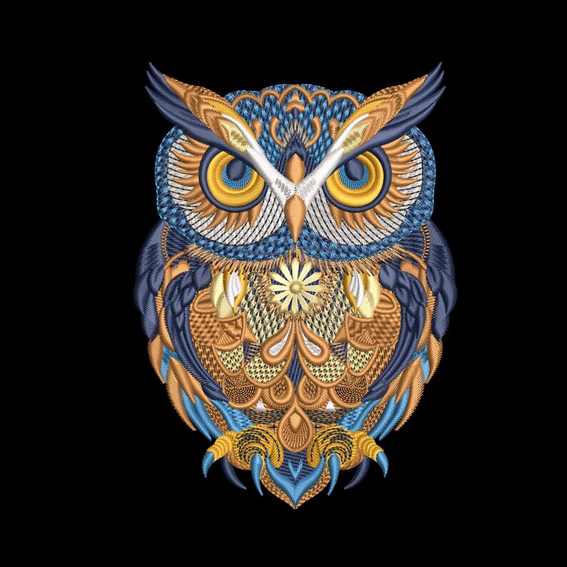 May include: A detailed, embroidered owl design in shades of blue, gold, and orange against a black background. The owl features intricate patterns and textures, with large yellow eyes and sharp talons. The artwork showcases a variety of stitching techniques.