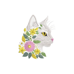 Floral Cat Embroidery Design for Machine, Cute Animal Pattern, Instant Download, Cat Embroidery File, Pet Embroidery File PES