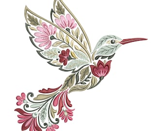 Floral Hummingbird Embroidery Design, Machine Embroidery File, 6 Sizes, Instant Download, Bird Embroidery Pattern