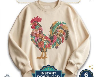 Botanical Rooster Embroidery Design, Floral Rooster Machine Embroidery, Farmhouse Chicken Embroidery, Rooster PES DST File Download