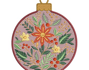 Diseño de bordado para adornos navideños. Patrón de adorno floral, archivo de bordado a máquina navideño, incluye 6 tamaños.