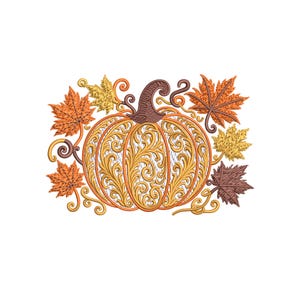 May include: Embroidered pumpkin design with intricate gold filigree and a brown stem. The pumpkin is surrounded by autumn leaves in shades of orange, yellow, and brown, creating a fall harvest theme.