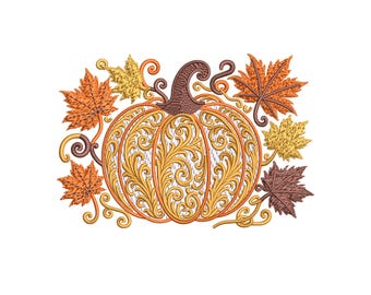 Pumpkin Embroidery Design, Autumn Leaves Machine Stitch Pattern (PES, DST, JEF)