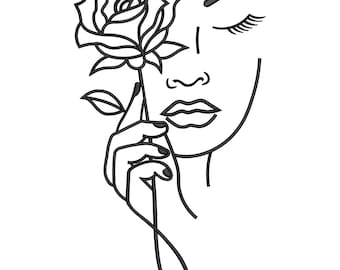 Minimalist Face Line Art Embroidery Design, Woman Rose Embroidery File, Floral Line Drawing Machine Embroidery, DST PES JEF Instant Download
