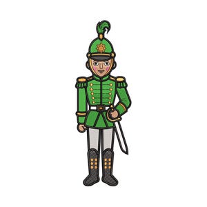 May include: Embroidered image of a toy soldier in a green uniform with gold accents, a black hat, and a sword. The soldier has a stern expression and is standing at attention. The design is likely for a Christmas ornament or holiday decoration.