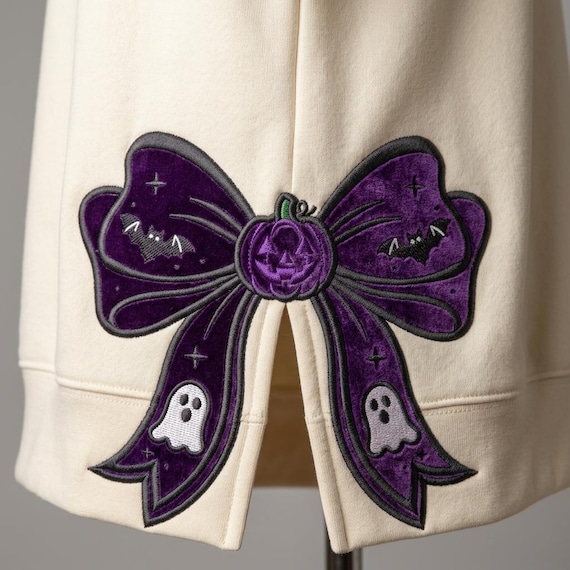 Halloween Applique Bow Embroidery Design, Pumpkin Bow Embroidery File, Ghost & Bat Bow, Side Bow Slit Applique Embroidery
