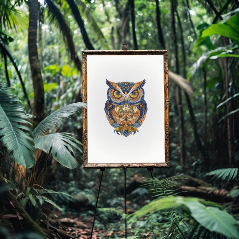 May include: A framed artwork featuring a detailed owl illustration. The owl is depicted with intricate patterns in shades of blue, gold, and brown. The artwork is displayed on an easel, set against a lush, green forest background.