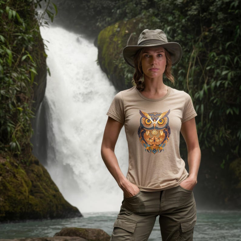 May include: A tan t-shirt featuring a detailed owl design in shades of orange, blue, and yellow. The owl graphic is centered on the front of the shirt. The person is wearing a hat and cargo pants, standing in front of a waterfall.