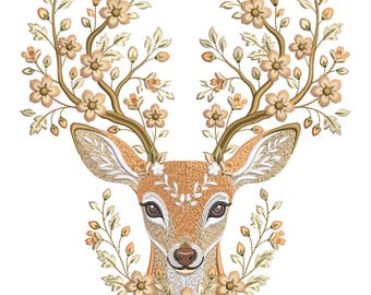 Floral Deer Embroidery Design, Deer Head with Flowers Embroidery File, Woodland Animal , Machine Embroidery Pattern, Golden Meadow Theme