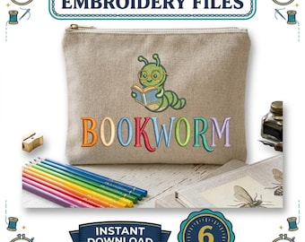 Colorful Bookworm Embroidery Design, Reading Caterpillar Machine Embroidery File, Book Lover Gift, Back to School Design