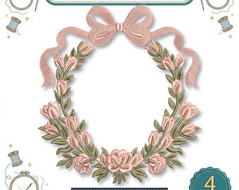 Pink Floral Monogram Wreath Embroidery Design, Bow Frame Machine File (Digital Download)