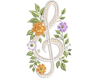 May include: Embroidered treble clef design with gold detailing, surrounded by green leaves and colorful flowers in shades of orange, purple, and white. The design is on a white background.