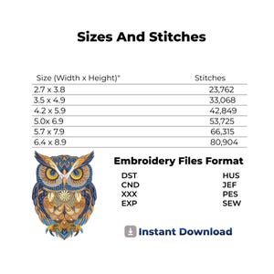 May include: A digital embroidery design featuring a detailed owl illustration in shades of blue, gold, and brown. The image includes size and stitch count information, embroidery file formats, and the text "Instant Download."