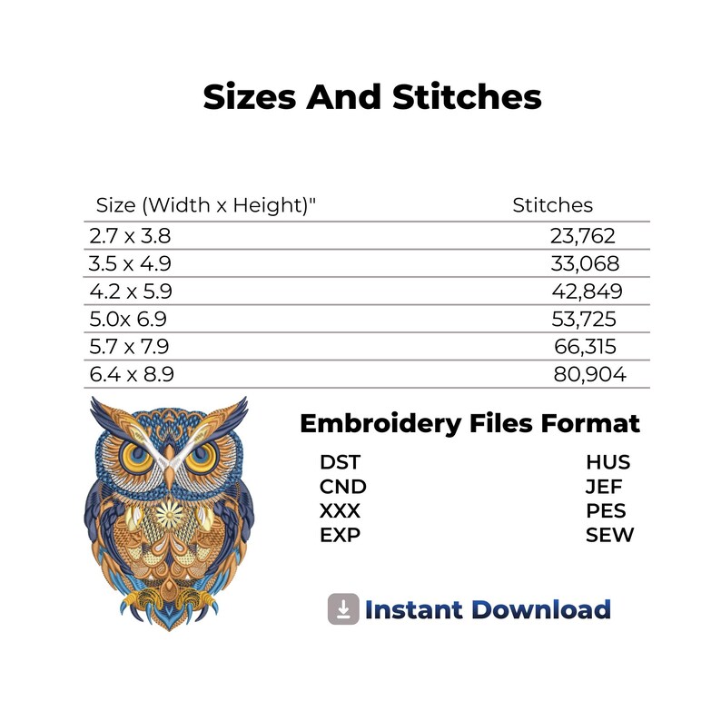 May include: A digital embroidery design featuring a detailed owl illustration in shades of blue, gold, and brown. The image includes size and stitch count information, embroidery file formats, and the text "Instant Download."