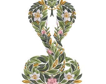Floral Snake Embroidery Design, Cobra Embroidery Pattern, Botanical Serpent Machine Embroidery File, Snake Flower