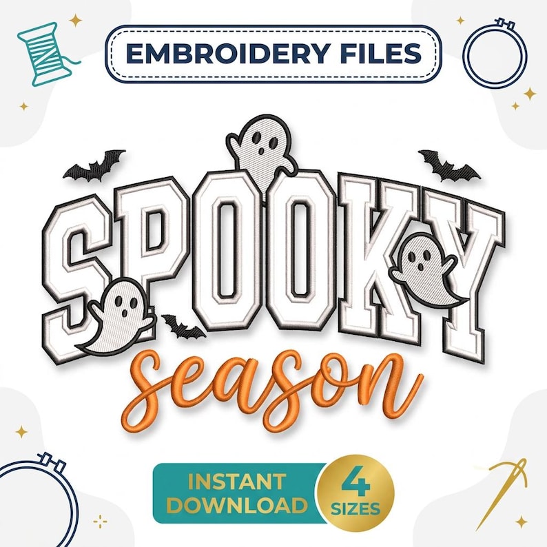 May include: Digital embroidery file design featuring the text SPOOKY in large white block letters with black outlines, and the word season in orange cursive script. The design includes three small white ghosts and three black bats.