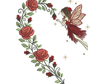 Fairy Rose Embroidery Design, Floral Fairy Machine Embroidery Pattern, Fantasy Fairy Embroidery File, Instant Download, 6 Sizes