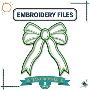 Puede incluir: Un archivo de bordado digital que muestra un lazo verde claro con un nudo central ovalado y dos cintas largas que cuelgan. La imagen incluye el texto EMBROIDERY FILES en la parte superior e INSTANT DOWNLOAD 8 SIZES en la parte inferior.