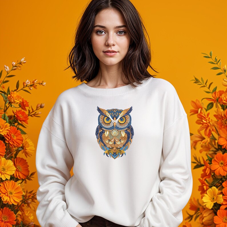 May include: A white sweatshirt featuring a detailed owl design in shades of blue, gold, and orange. The owl is centered on the chest. The background is a solid orange color with orange flowers on the sides.