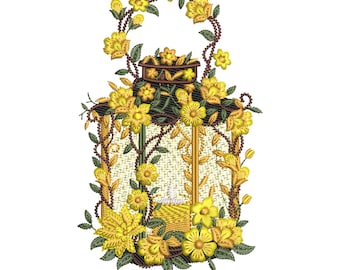 Floral Lantern Embroidery Design, Vintage Candle Lantern Stitch Pattern, Flower Machine Embroidery File,| Garden Decor Design,6 Sizes