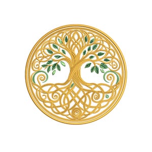 Può includere: Un disegno circolare color oro con un albero stilizzato con radici, tronco e rami intrecciati. Le foglie dell'albero sono verdi e il disegno è racchiuso in un bordo dorato. L'opera d'arte è probabilmente un ricamo o un'artigianato simile.