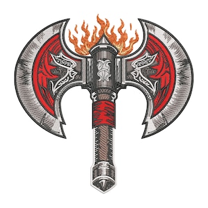Könnte beinhalten: Gestickter Aufnäher einer zweischneidigen Axt mit flammendem Design. Die Axt hat silberne Klingen mit roten Akzenten und aufwendigen Details. Flammen gehen von oben aus, und der Griff ist rot umwickelt. Ein detaillierter Aufnäher im Fantasy-Stil.