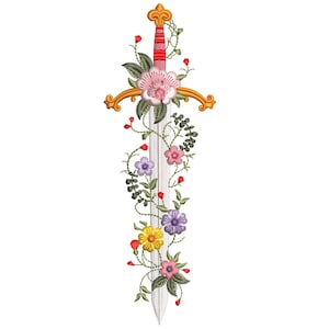 Peut inclure: Un motif décoratif d'épée avec une lame argentée, une garde dorée et une poignée rouge. L'épée est ornée de fleurs brodées colorées dans les tons de rose, violet, jaune et rouge, avec des feuilles et des vignes vertes. Le motif est sur fond blanc.
