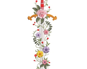 Disegno per ricamo con spada floreale, spada vintage con fiori, file per ricamo a macchina con lama dimenticata, ricamo con spada floreale