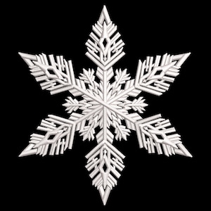 Puede incluir: Un diseño detallado de copo de nieve blanco sobre un fondo negro. El copo de nieve tiene seis brazos simétricos con patrones intrincados, que se asemejan a un delicado bordado o una imagen renderizada digitalmente. El diseño es nítido y limpio.