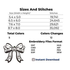 May include: An embroidery design chart titled Sizes And Stitches showing four sizes in inches: 5.4x5.0, 6.5x6.0, 7.6x7.0, and 8.7x8.0. It lists 5 total colors, 12 color changes, and file formats including DST, CND, XXX, EXP, HUS, JEF, PES, and SEW.