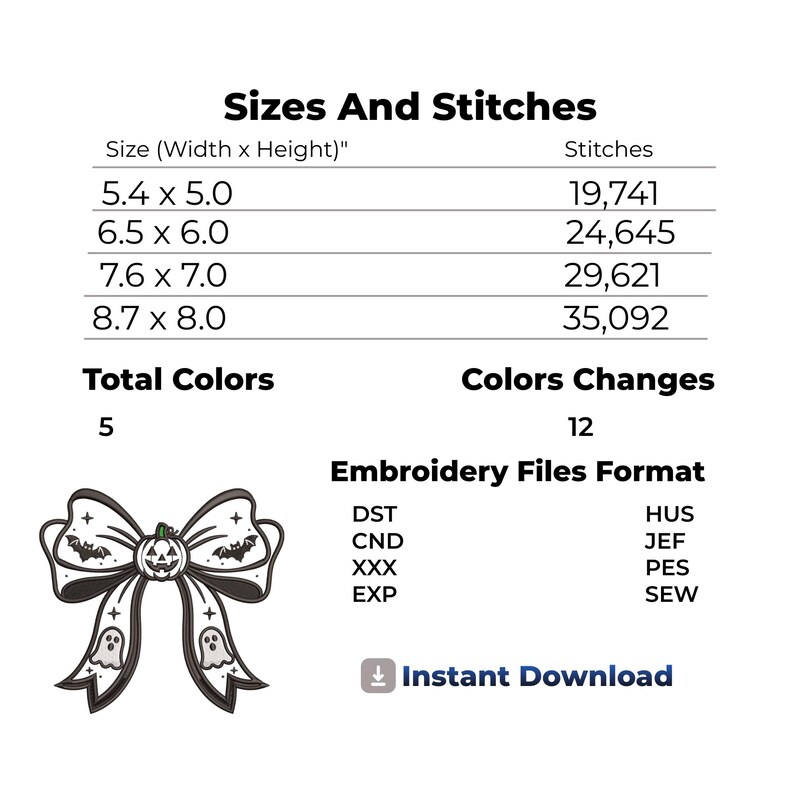 May include: An embroidery design chart titled Sizes And Stitches showing four sizes in inches: 5.4x5.0, 6.5x6.0, 7.6x7.0, and 8.7x8.0. It lists 5 total colors, 12 color changes, and file formats including DST, CND, XXX, EXP, HUS, JEF, PES, and SEW.