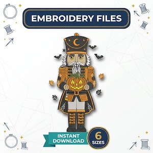 May include: An embroidery file design featuring a nutcracker dressed in a black and orange uniform with a crescent moon on the hat. The nutcracker holds a jack-o'-lantern pumpkin, surrounded by small bats, spiders, and autumn leaves.